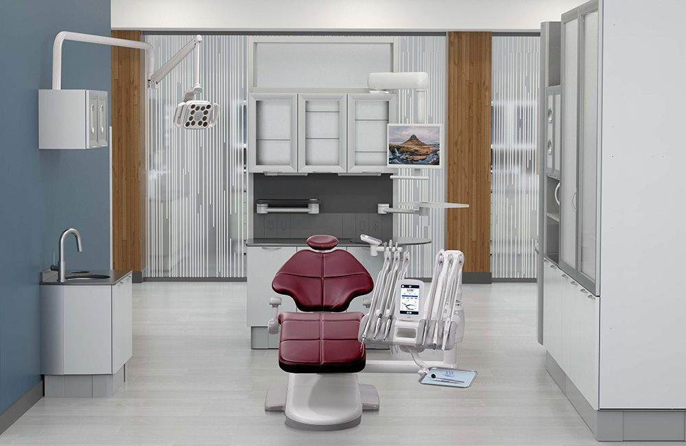 Dental operatory with A-dec 500 dental chair in Vintage upholstery