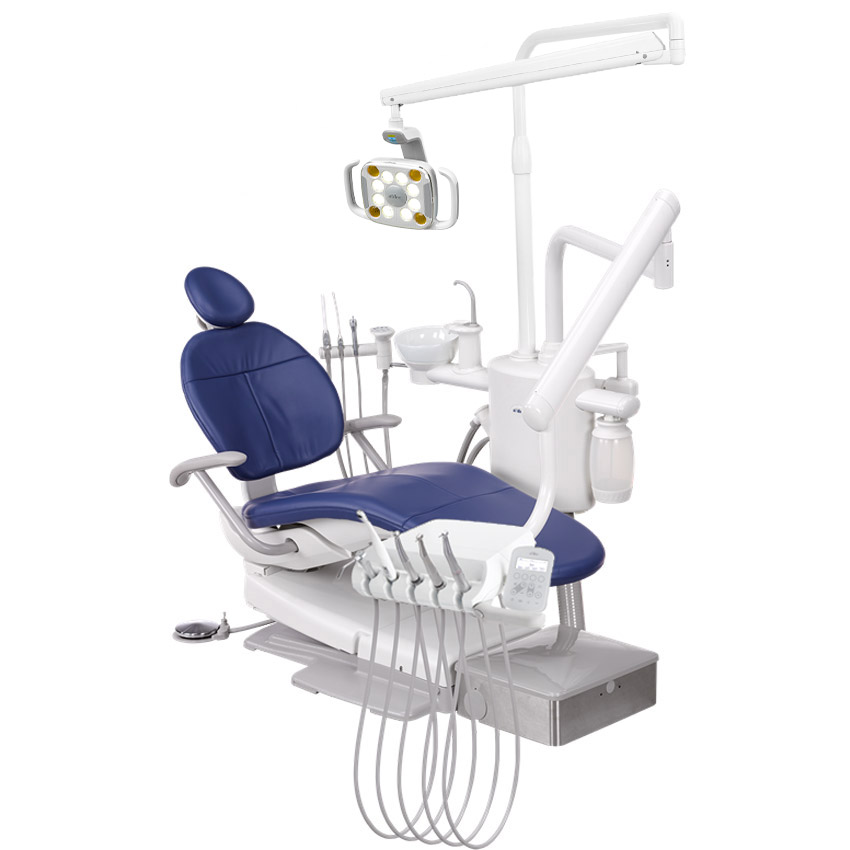 A-dec 500 LED dental light mounted to an A-dec 300 post-mount support center