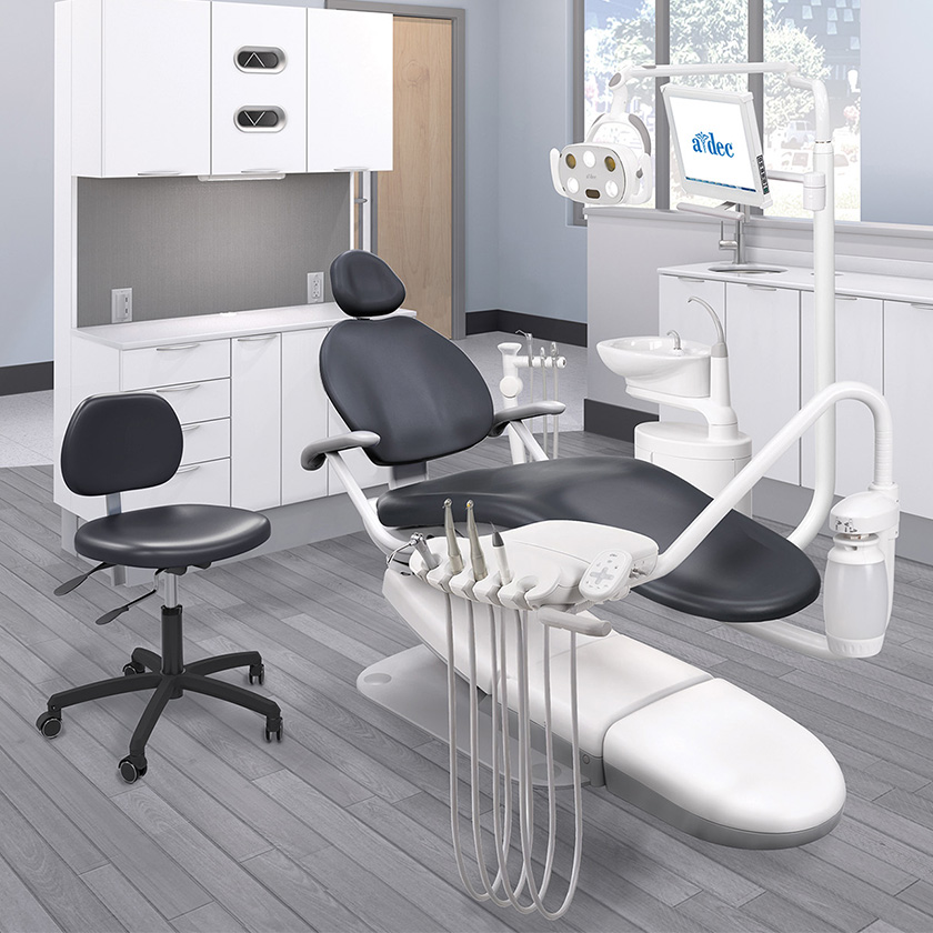 A-dec Performer eVo dental chair in a dental operatory with a delivery system and dental stool