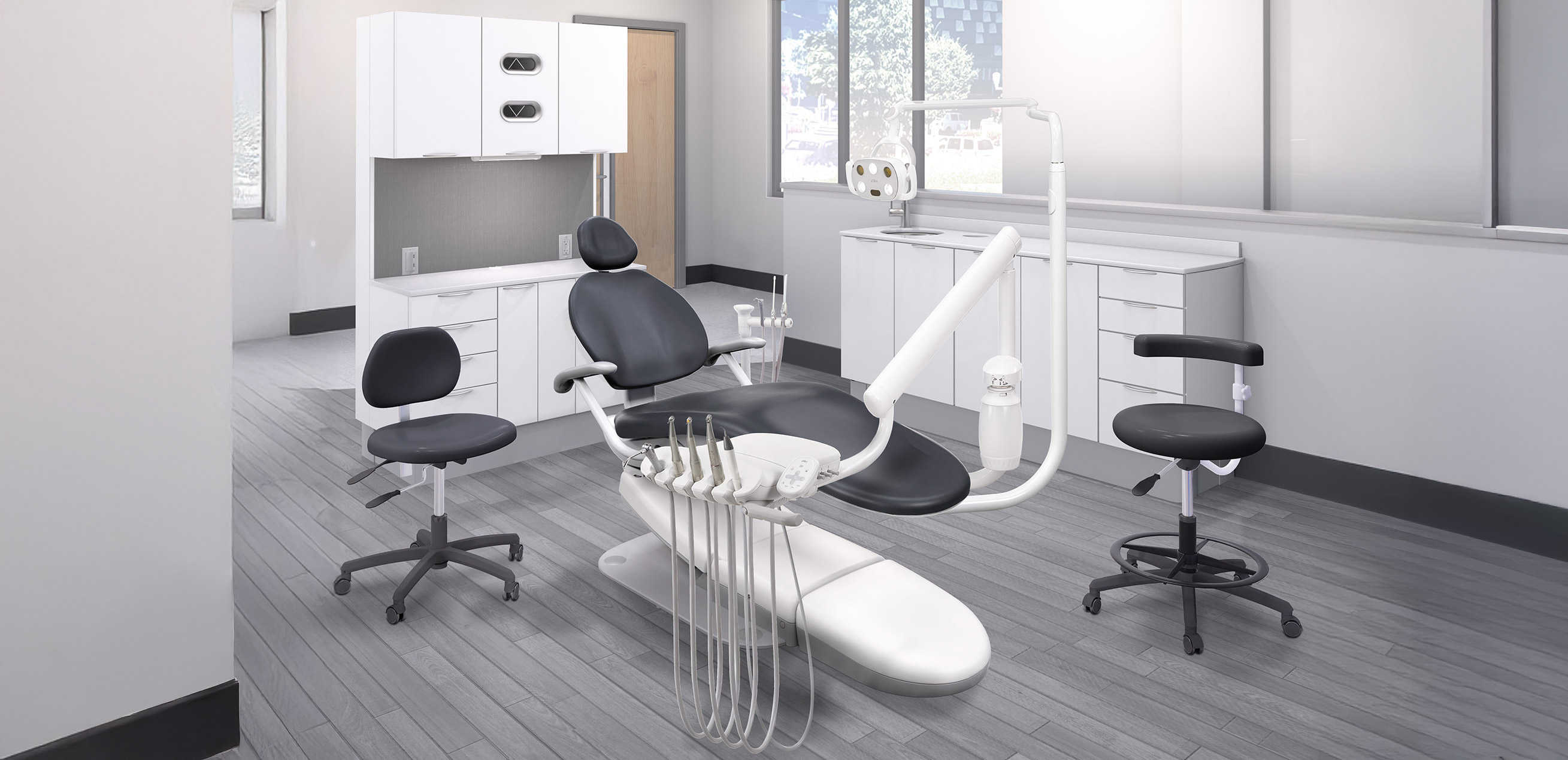 A-dec Performer eVo suite with A-dec Performer eVo dental chair, A-dec Radius delivery system, Performer eVo light, and Performer eVo doctor's and assistant's stool.
