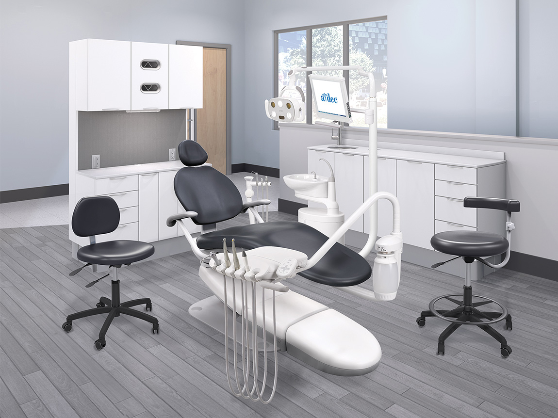 A-dec Performer eVo package including dental chair, delivery system, and dental light