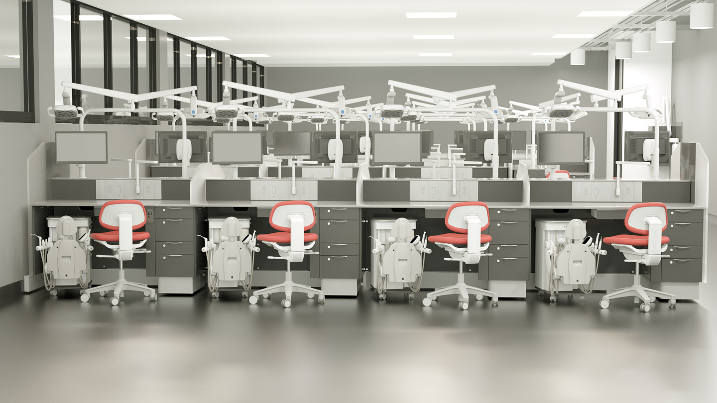 Rows of A-dec Lab Workstations with Simulator Pro units