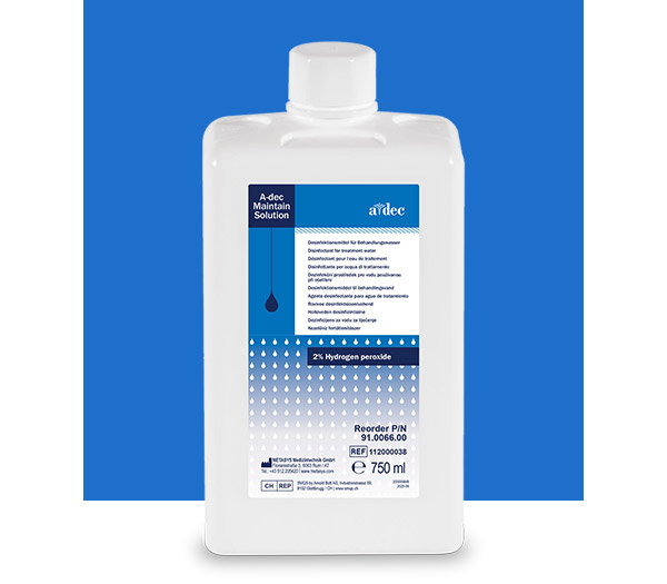 Bottle of A-dec Maintain waterline maintenance solution in front of a blue square