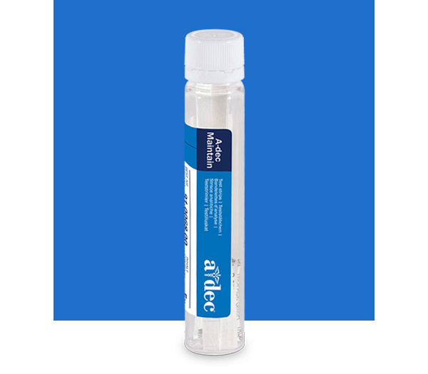 Bottle of A-dec Maintain testing strips on a blue square