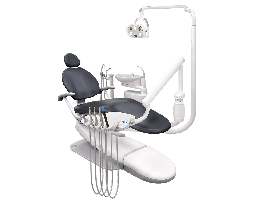 A-dec Performer eVo dental chair with crow formed upholstery, an A-dec Radius delivery system, and A-dec Performer eVo dental light.